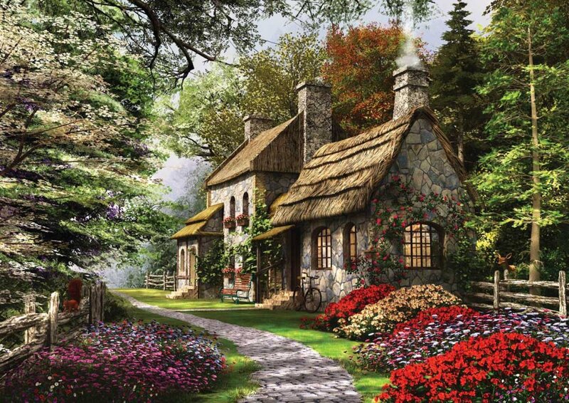Cottage in Forest — Green, Serene, Afternoon, Digital Art, Flowers, Bicycle