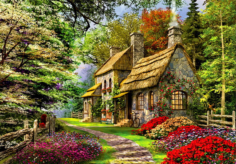 Cottage in Forest — Green, Serene, Afternoon, Digital Art, Flowers