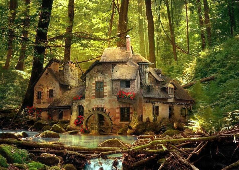 Cottage in Forest — Green, Serene, Afternoon, Digital Art, River, Millwheel