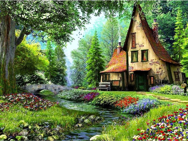 Cottage in Forest — Green, Serene, Afternoon, Digital Art, Stream, Bridge, Flowers