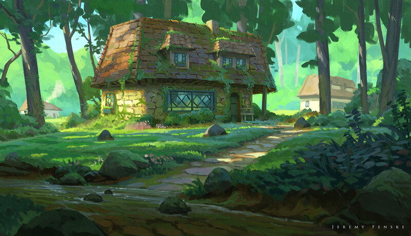 Cottage in Forest — Green, Serene, Afternoon, Digital Art, Stream, Path