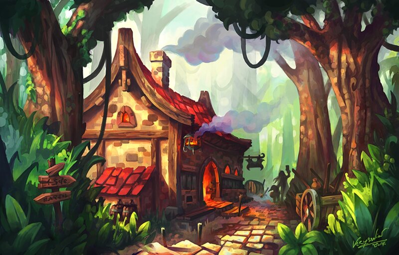 Cottage in Forest — Green, Serene, Afternoon, Digital Art, Trees, Path