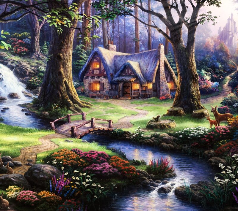 Cottage in Forest — Green, Serene, Afternoon, Painting, Deer