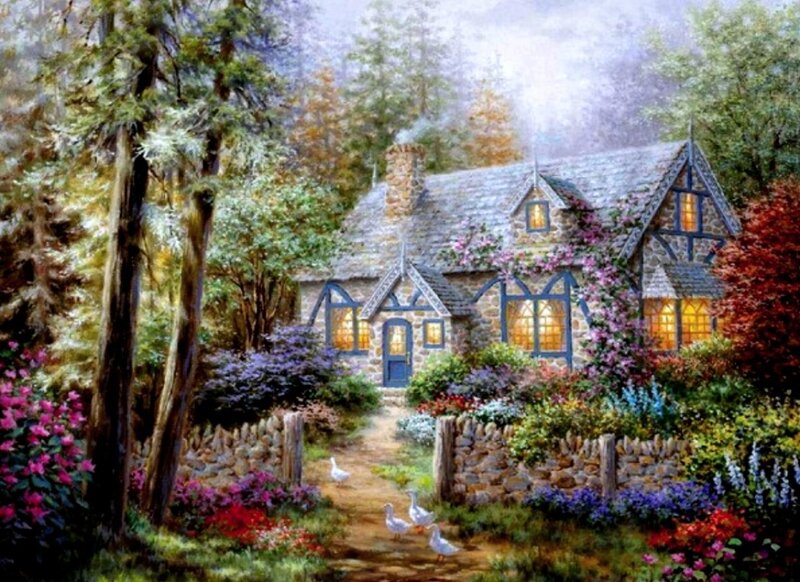 Cottage in Forest — Green, Serene, Afternoon, Painting, Flowers