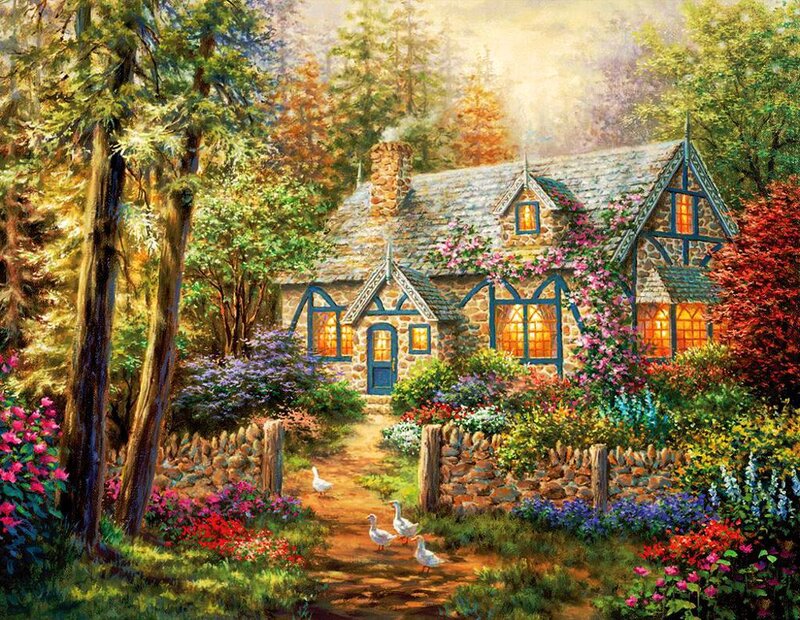 Cottage in Forest — Green, Serene, Afternoon, Painting, House