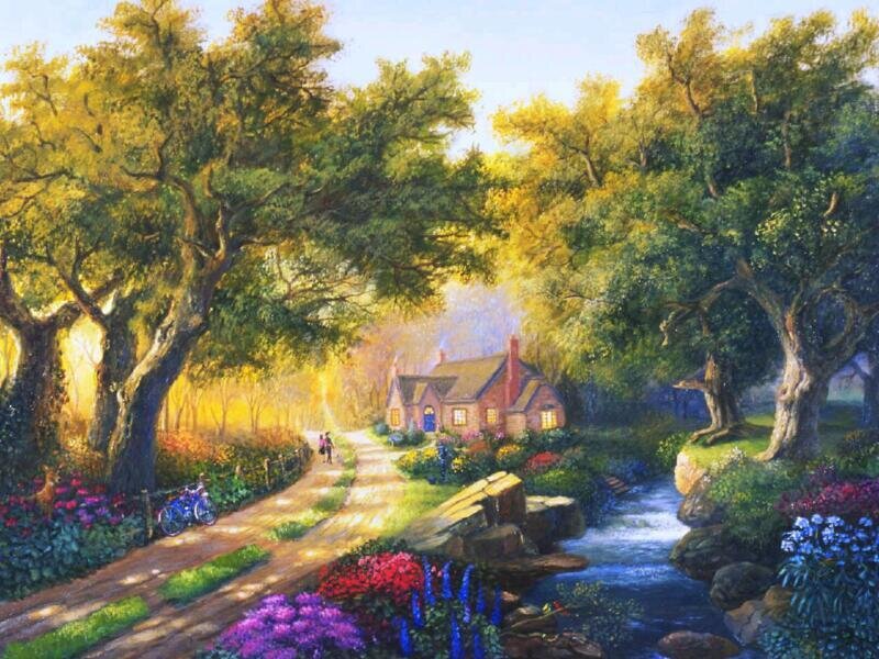 Cottage in Forest — Green, Serene, Afternoon, Painting, Path