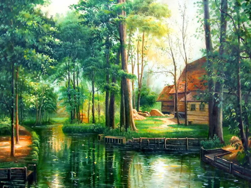 Cottage in Forest — Green, Serene, Afternoon, Painting, River
