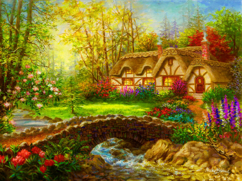Cottage in Forest — Green, Serene, Afternoon, Painting, Stream, Bridge