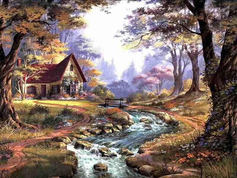 Cottage in Forest — Green, Serene, Afternoon, Painting, Stream, Bridge, Trees