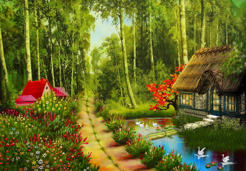 Cottage in Forest — Green, Serene, Afternoon, Painting, Trees
