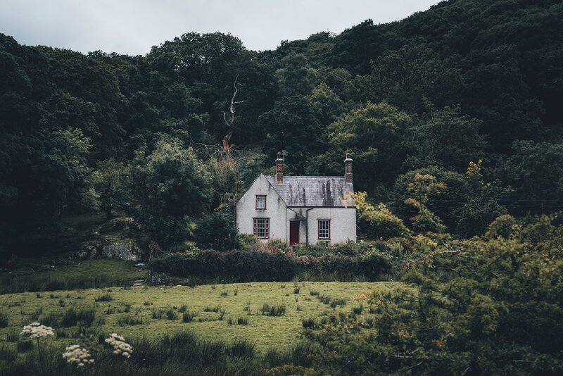 Cottage in Forest — Green, Serene, Afternoon, Photograph, Trees, Hill