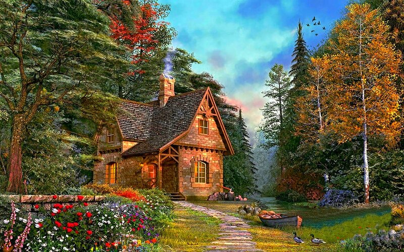 Cottage in Forest — Green, Serene, Autumn, Digital Art