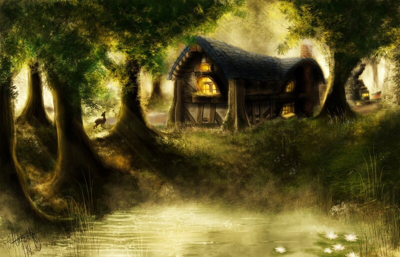 Cottage in Forest — Green, Serene, Night, Digital Art, Deer