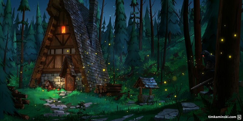 Cottage in Forest — Green, Serene, Night, Digital Art, Fireflies