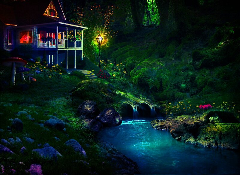 Cottage in Forest — Green, Serene, Night, Digital Art, Stream