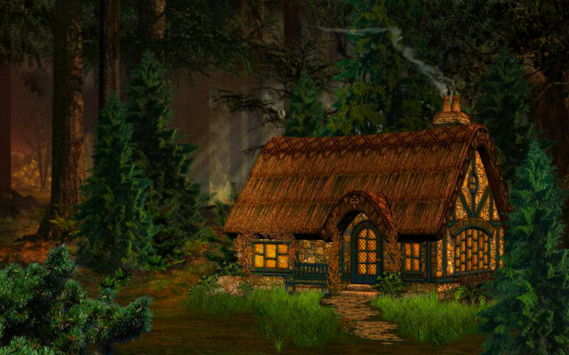 Cottage in Forest — Green, Serene, Night, Digital Art, Thatched Roof