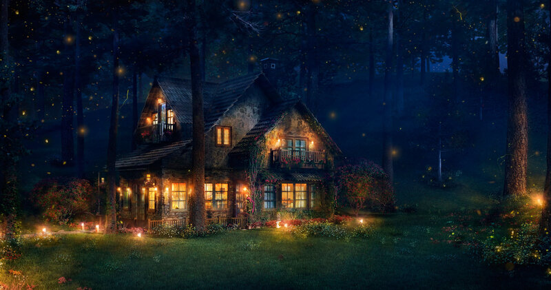 Cottage in Forest — Green, Serene, Night, Digital Art, Trees