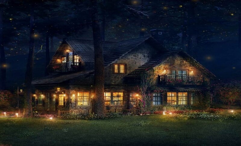 Cottage in Forest — Green, Serene, Night, Digital Art, Trees, Windows
