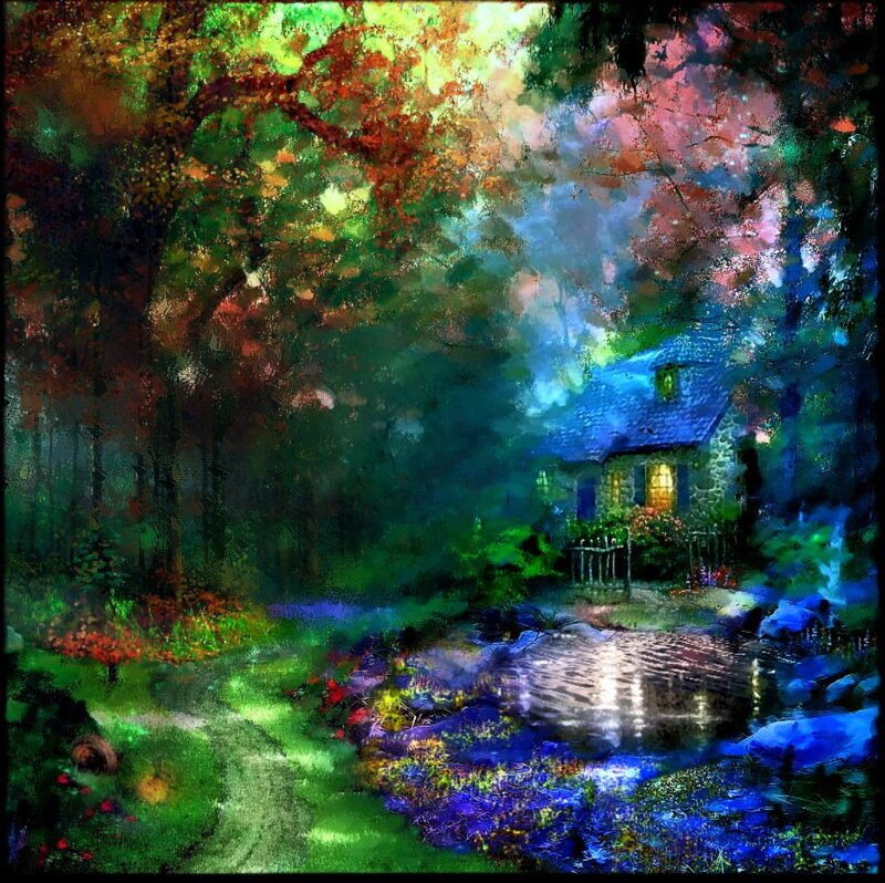 Cottage in Forest — Green, Serene, Night, Painting, House