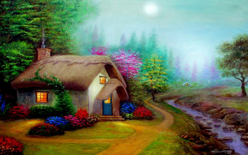 Cottage in Forest — Green, Serene, Night, Painting, Stream
