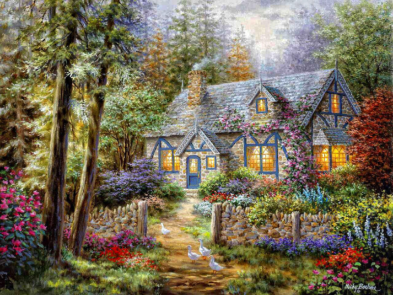 Cottage in Forest — Green, Serene, Night, Painting