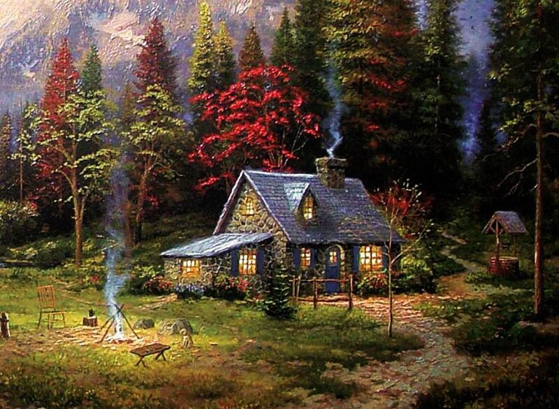 Cottage in Forest — Green, Serene, Night, Painting, Trees
