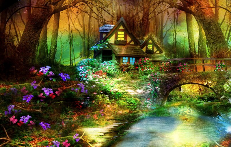 Cottage in Forest — Green, Serene, Sunset, Digital Art