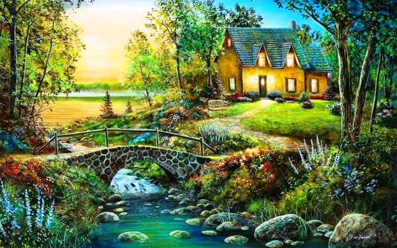 Cottage in Forest — Green, Serene, Sunset, Painting