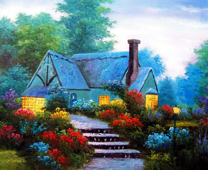 Cottage in Garden — Blue, Serene, Afternoon, Painting, Flowers, Path