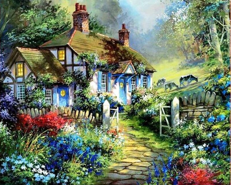 Cottage in Garden — Blue, Serene, Afternoon, Painting