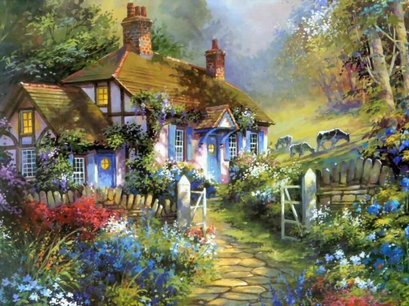 Cottage in Garden — Blue, Serene, Afternoon