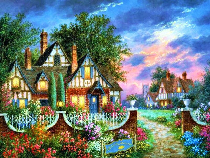 Cottage in Garden — Blue, Serene, Sunset, Painting, Flowers