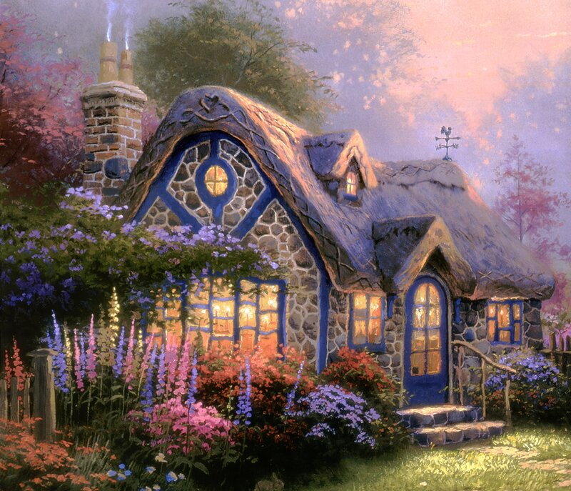 Cottage in Garden — Blue, Serene, Sunset