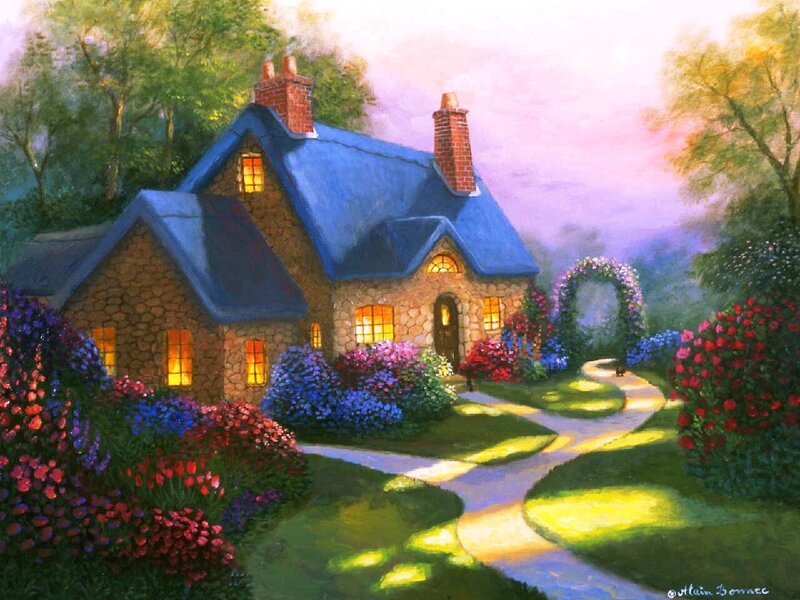 Cottage in Garden — Blue, Serene