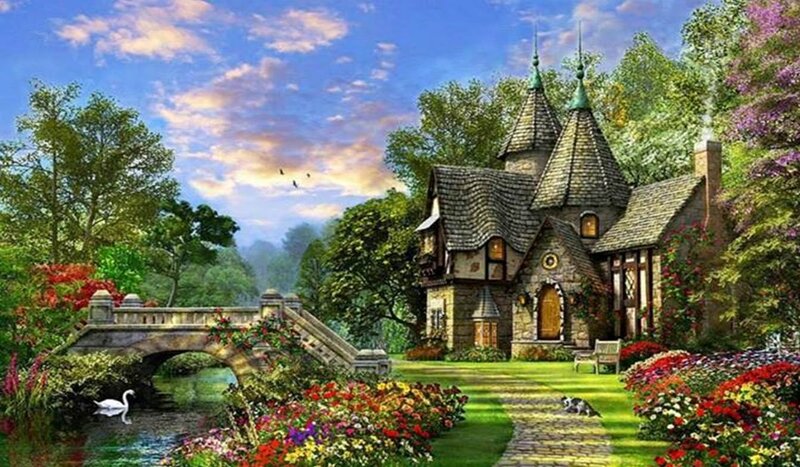 Cottage in Garden — Green, Serene, Afternoon, Digital Art, Bridge