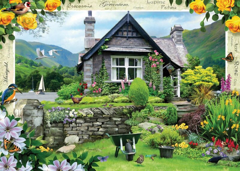 Cottage in Garden — Green, Serene, Afternoon, Illustration, Birds