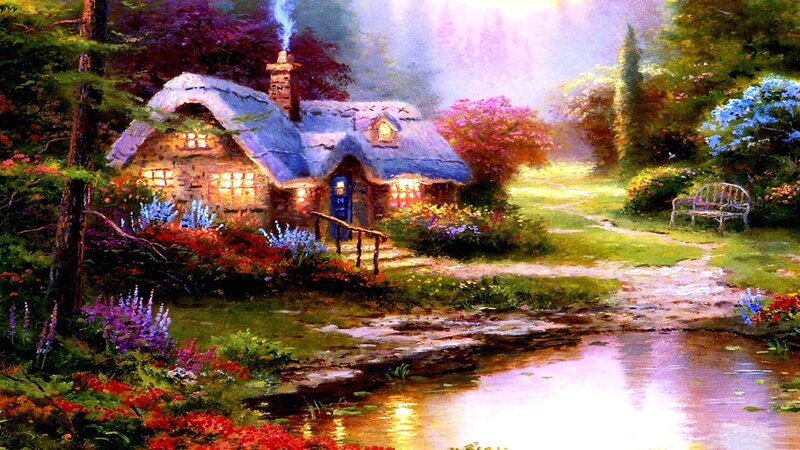 Cottage in Garden — Green, Serene, Afternoon, Painting, Bench