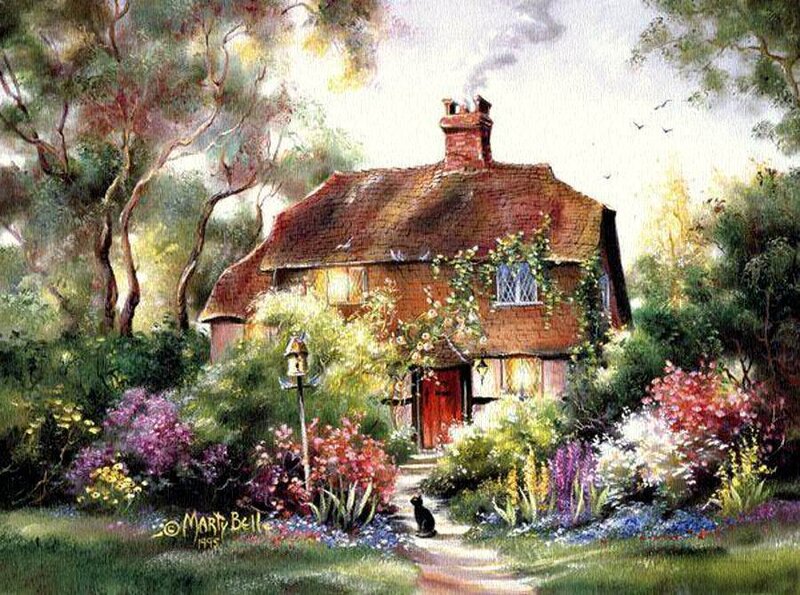 Cottage in Garden — Green, Serene, Afternoon, Painting, Cat