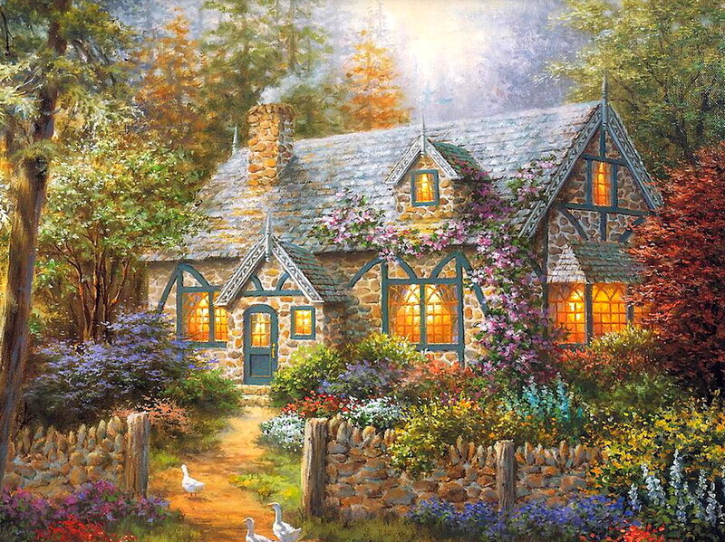 Cottage in Garden — Green, Serene, Afternoon, Painting, Ducks