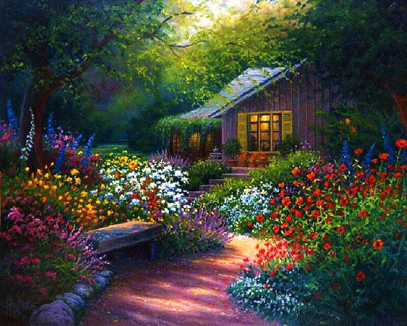 Cottage in Garden — Green, Serene, Afternoon, Painting, Flowers, Path, Bench, Trees