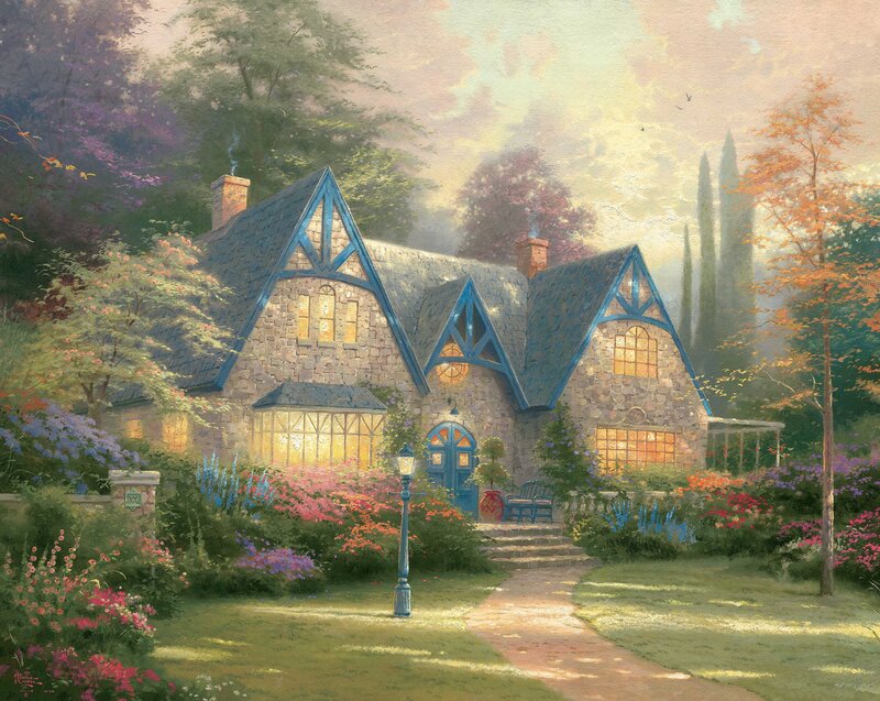 Cottage in Garden — Green, Serene, Afternoon, Painting, Flowers, Path, Lamp Post