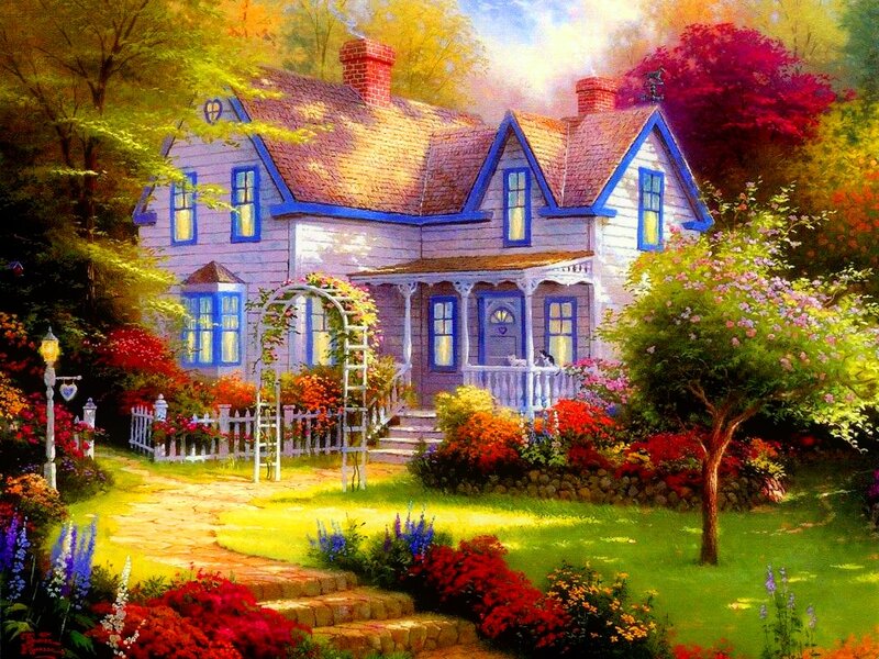 Cottage in Garden — Green, Serene, Afternoon, Painting, Flowers, Path, Tree, Fence
