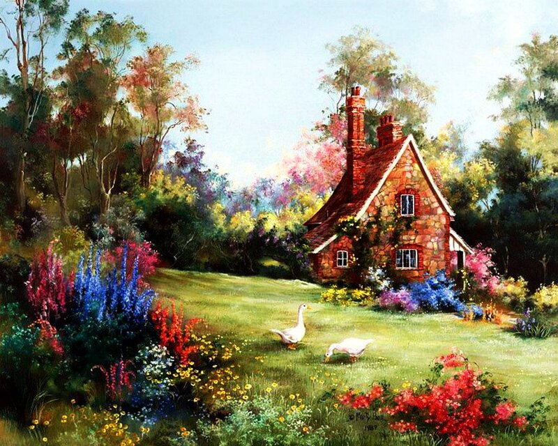 Cottage in Garden — Green, Serene, Afternoon, Painting, Geese, Flowers