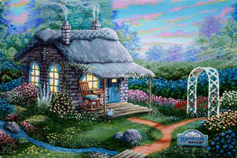 Cottage in Garden — Green, Serene, Afternoon, Painting, Path, Stream