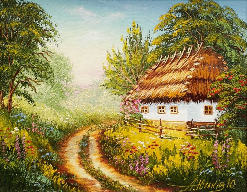 Cottage in Garden — Green, Serene, Afternoon, Painting, Path