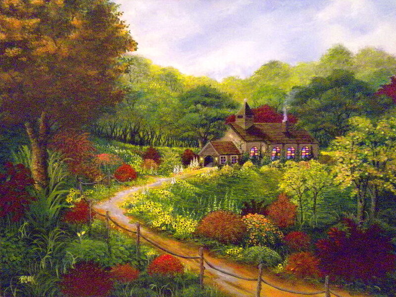 Cottage in Garden — Green, Serene, Afternoon, Painting, Path, Trees