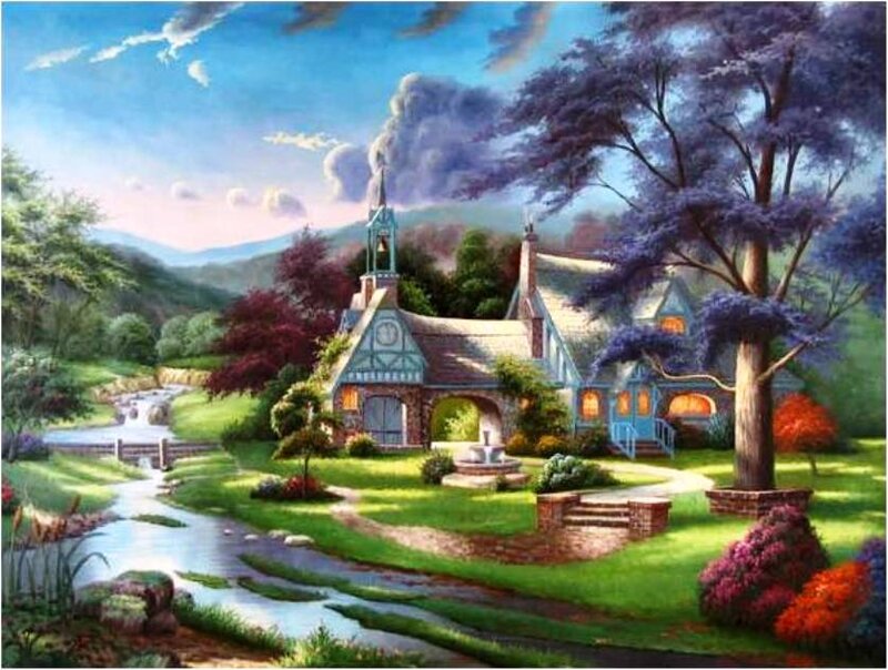 Cottage in Garden — Green, Serene, Afternoon, Painting, River