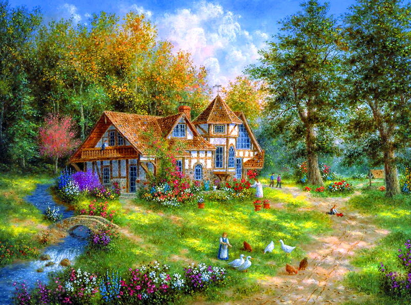 Cottage in Garden — Green, Serene, Afternoon, Painting, Stream