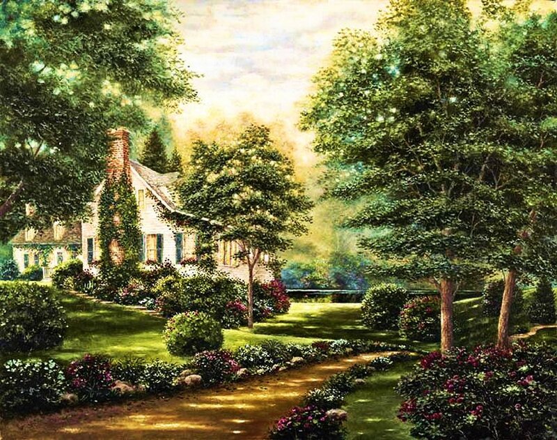 Cottage in Garden — Green, Serene, Afternoon, Painting, Trees, Path