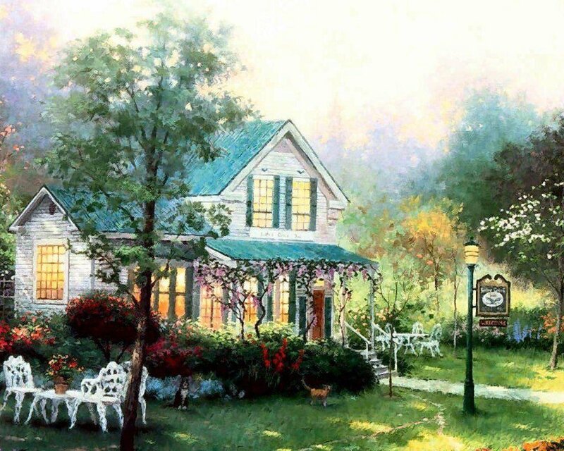 Cottage in Garden — Green, Serene, Afternoon, Painting, Trees